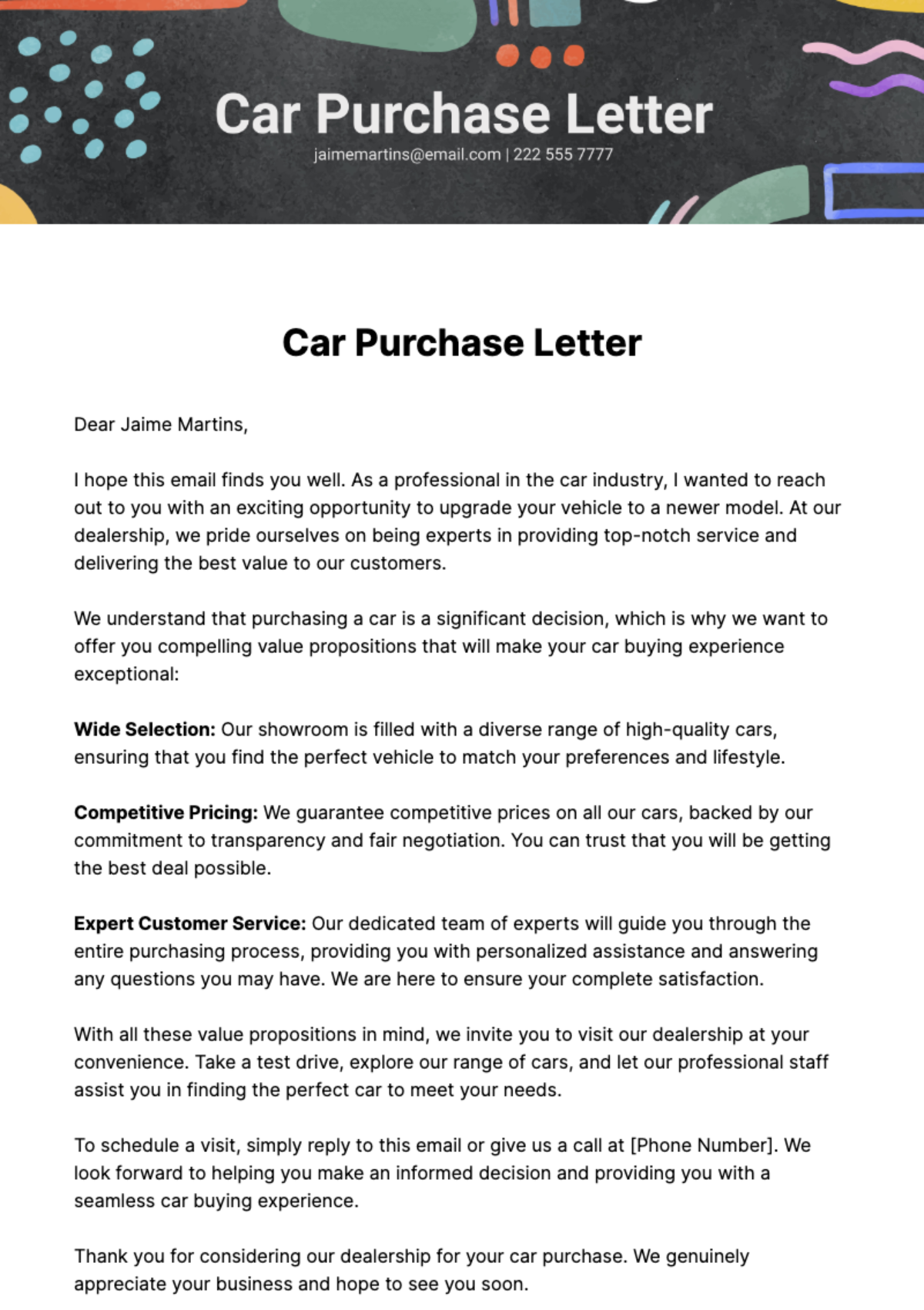 Free Car Purchase Letter Template
