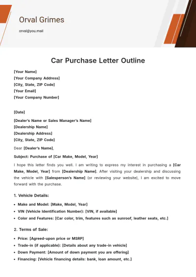 Free Car Purchase Letter Outline Template to Edit Online
