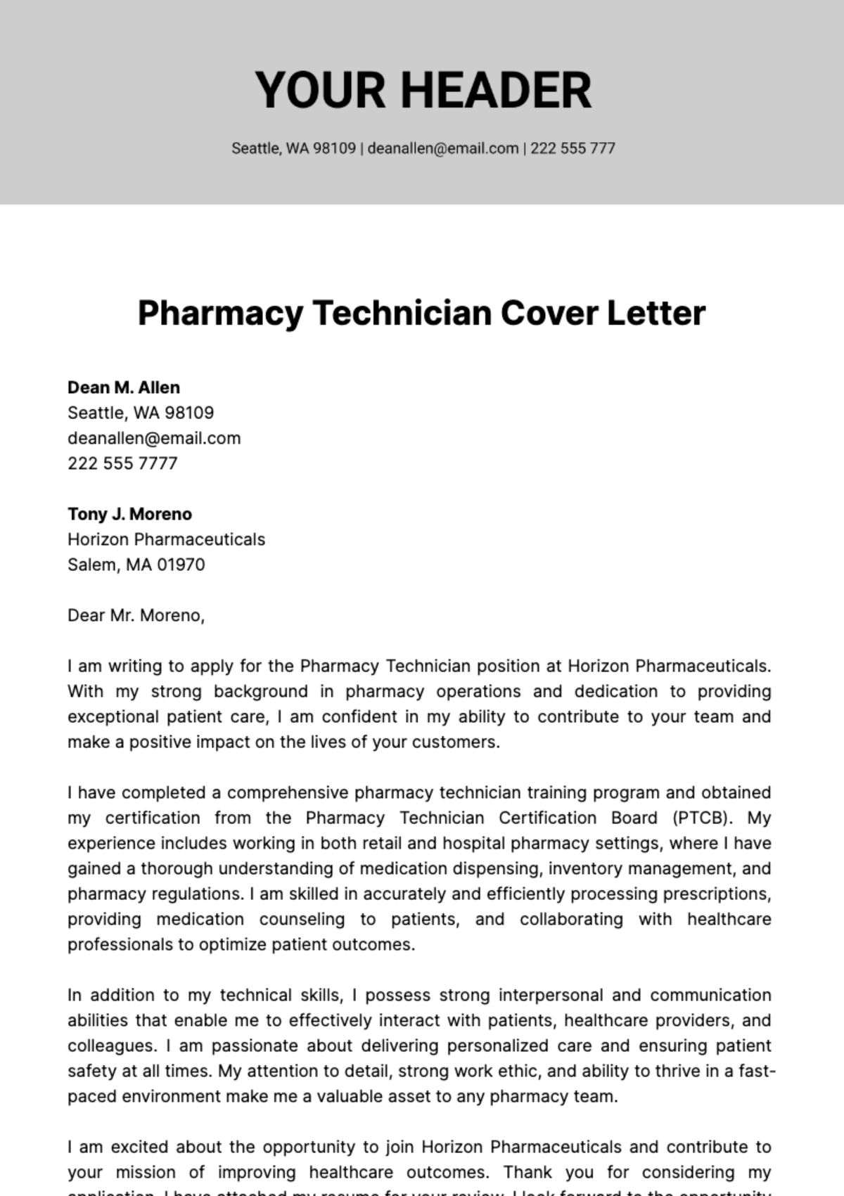 Free Pharmacy Technician Cover Letter  Template