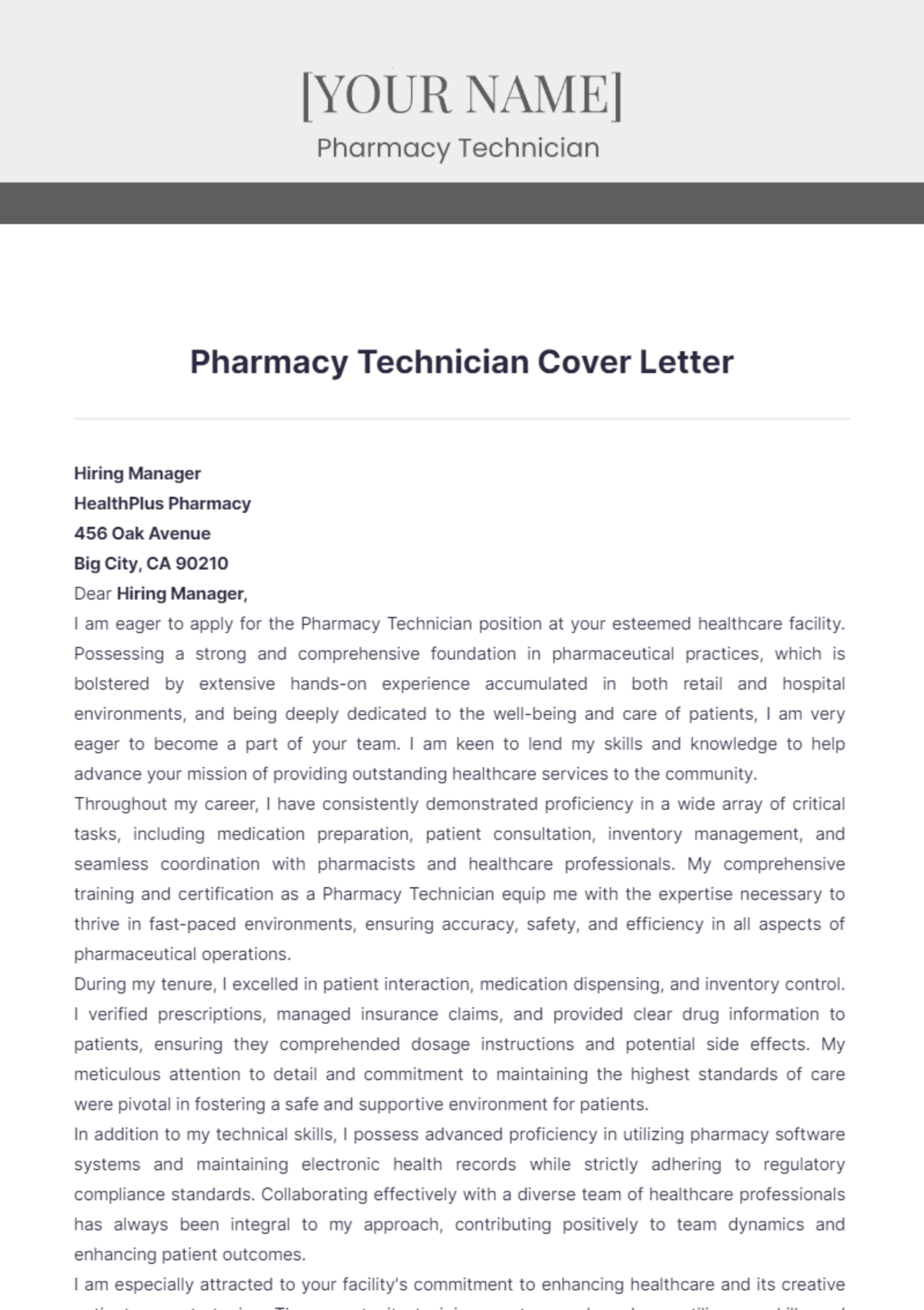 Pharmacy Technician Cover Letter  Template - Edit Online & Download