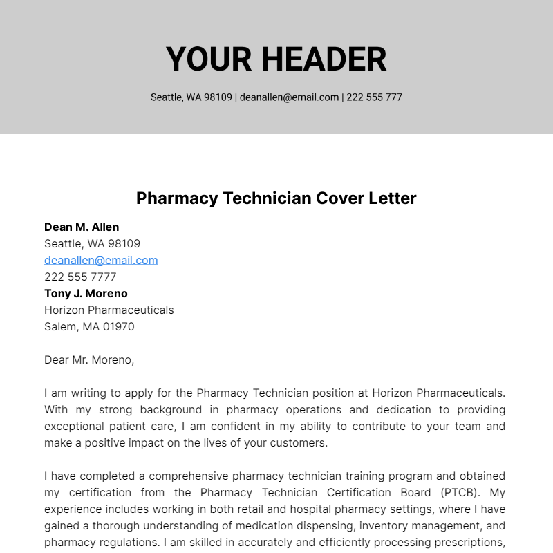 Pharmacy Technician Cover Letter  Template