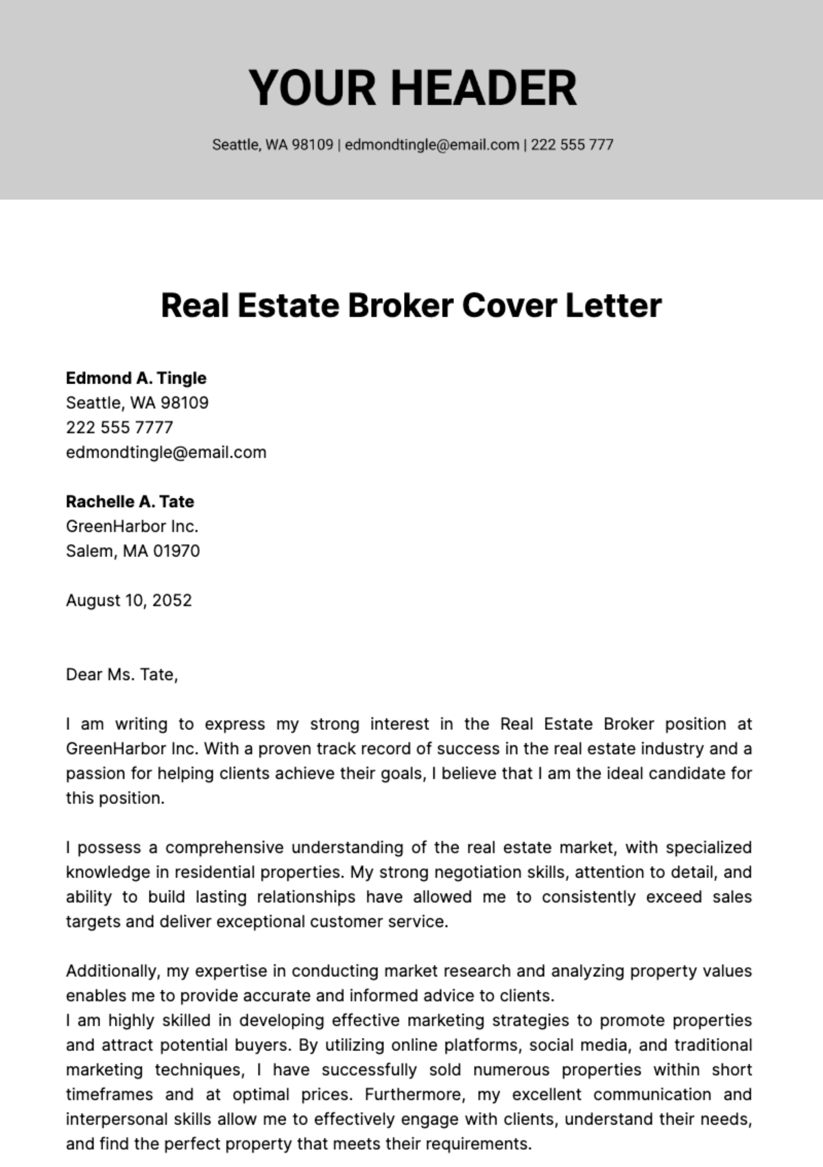 Free Real Estate Broker Cover Letter  Template
