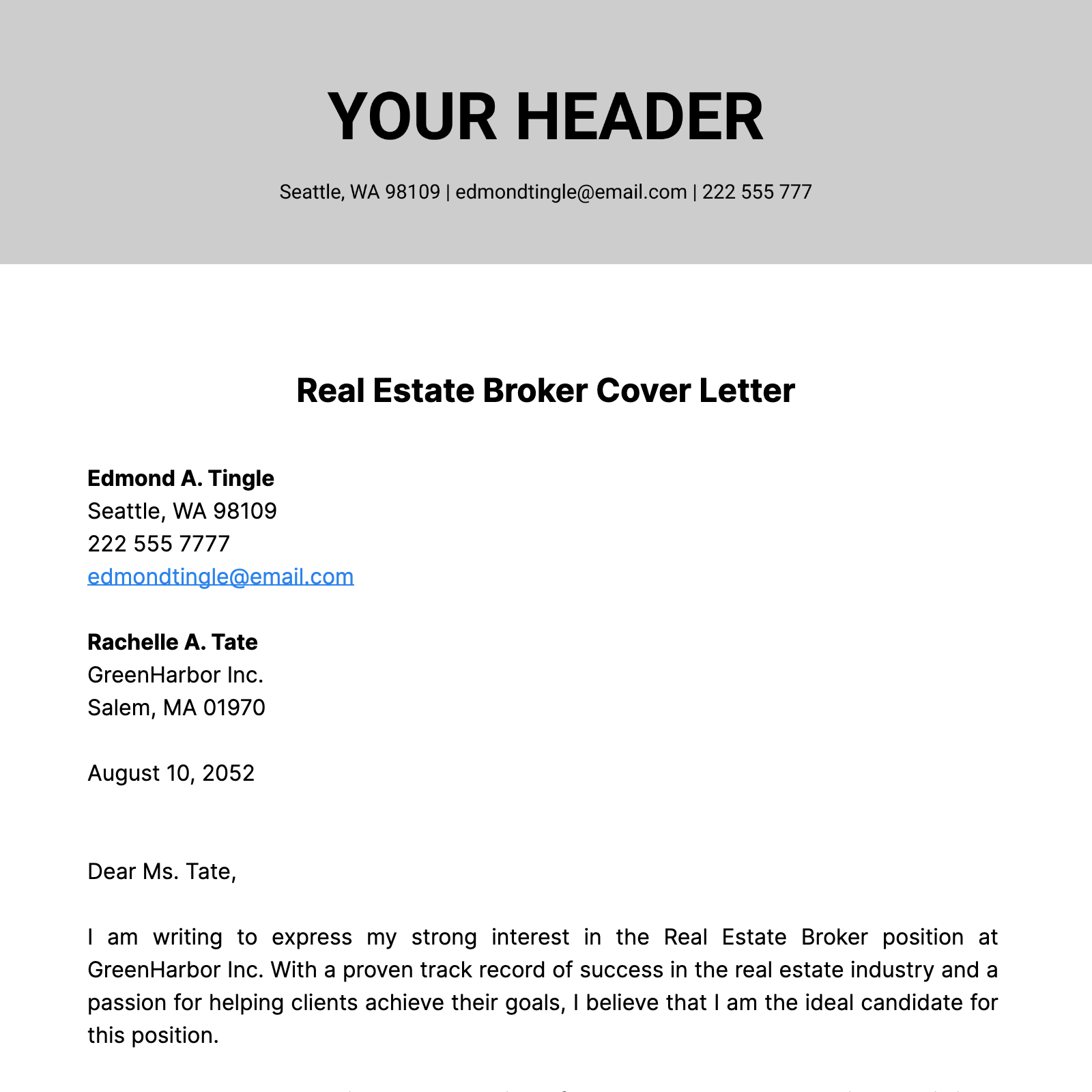 Real Estate Broker Cover Letter  Template