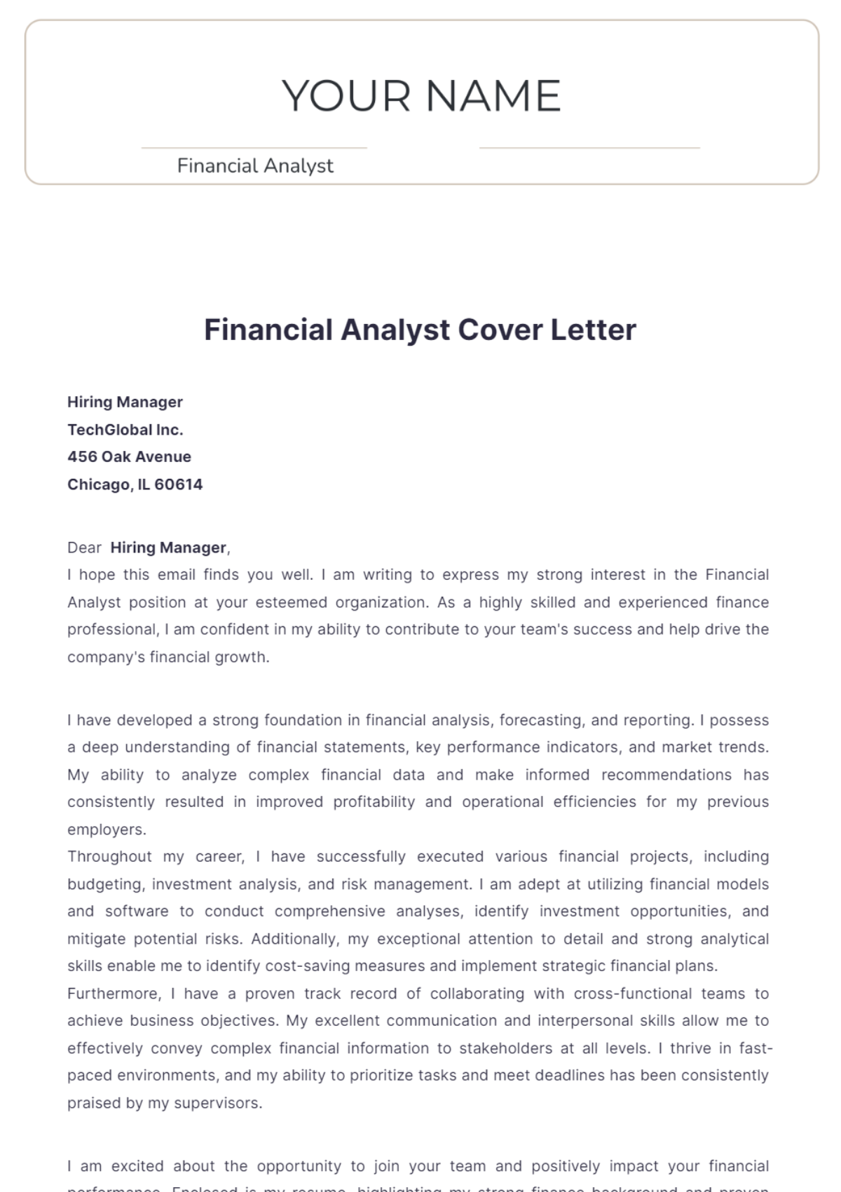 Financial Analyst Cover Letter  Template - Edit Online & Download