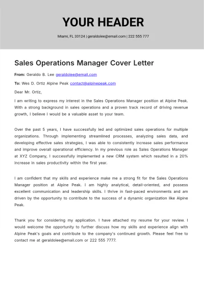Free Sales Operations Manager Cover Letter  Template to Edit Online