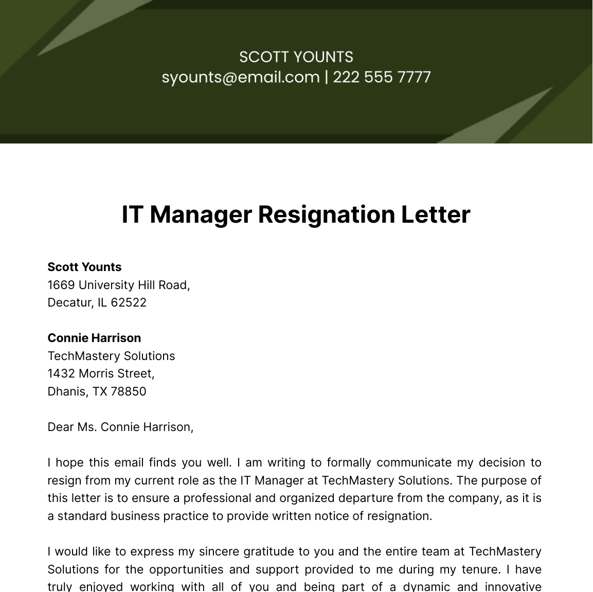 IT Manager Resignation Letter  Template