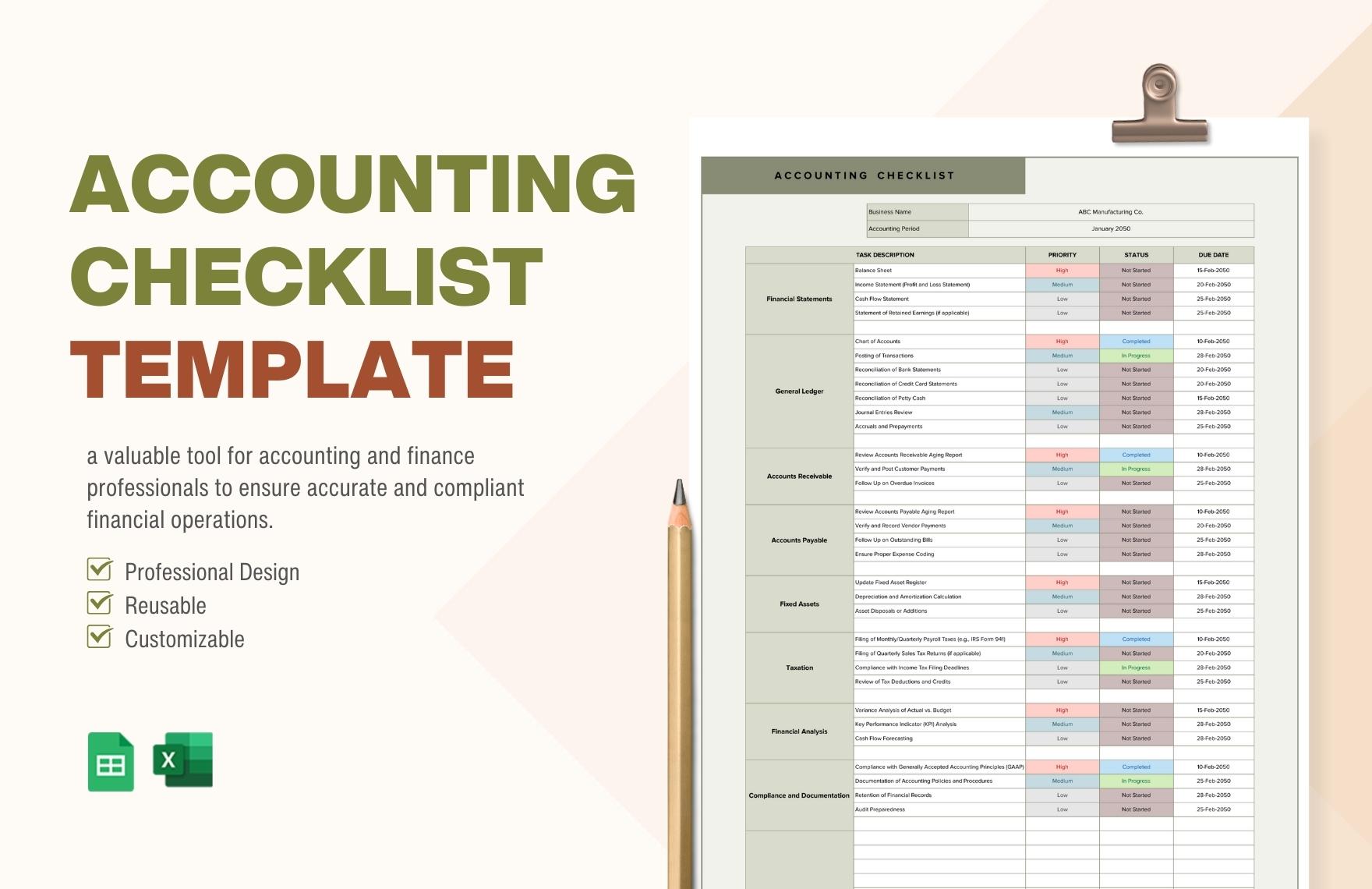 Accounting Checklist Template in Excel, Google Sheets - Download | Template.net