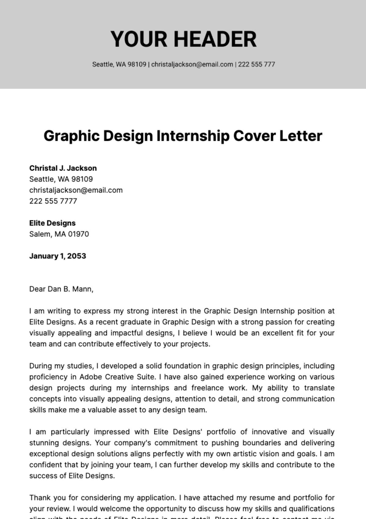 Graphic Design Internship Cover Letter  Template
