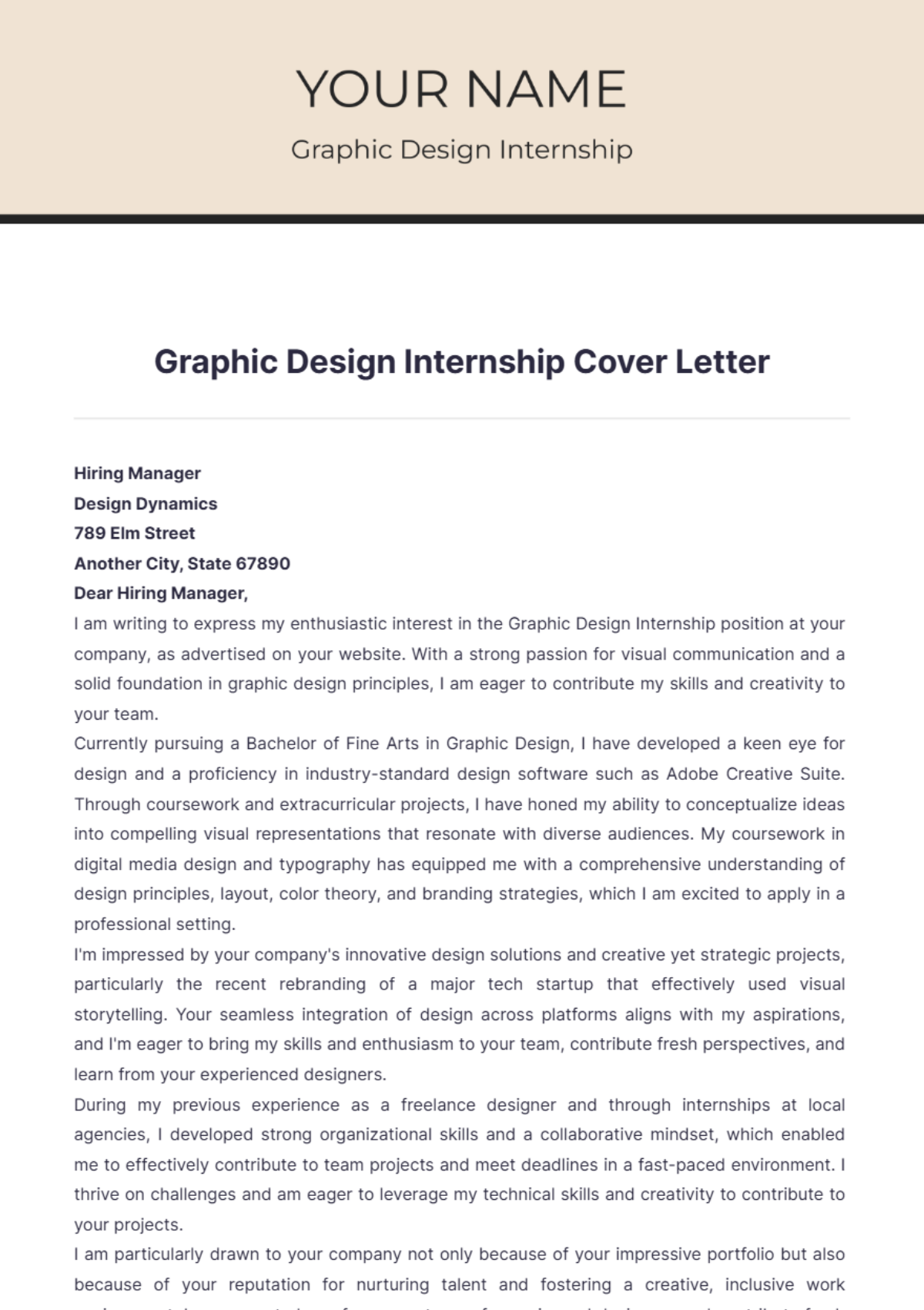 Graphic Design Internship Cover Letter - Edit Online & Download