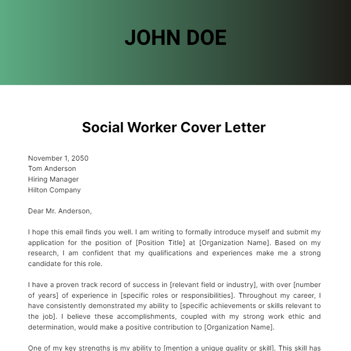 Free Social Worker Cover Letter  Template