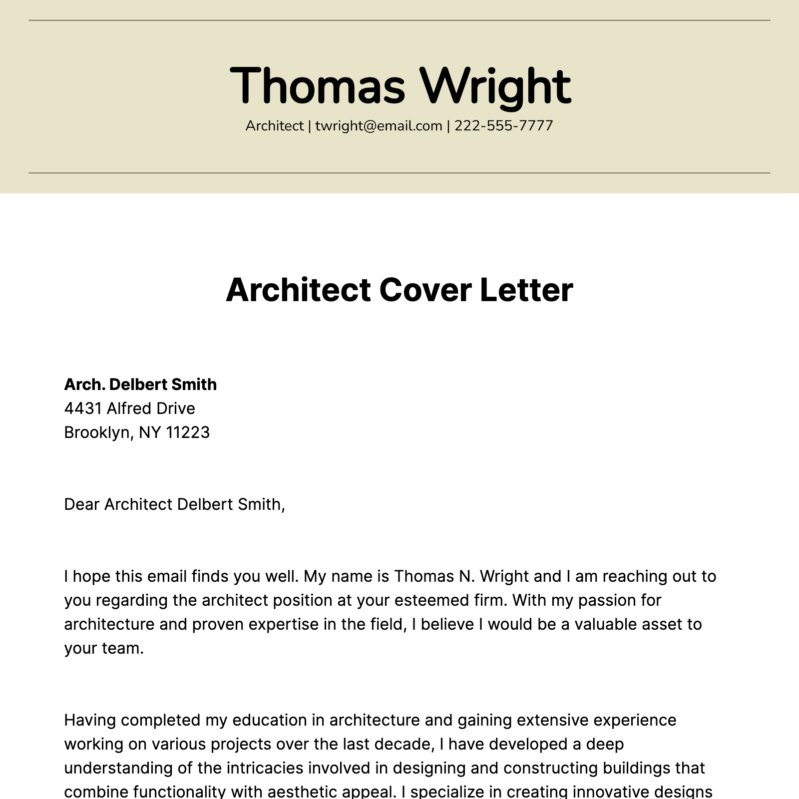 Free Architect Cover Letter  Template