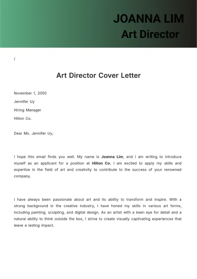 Free Art Director Cover Letter  Template to Edit Online