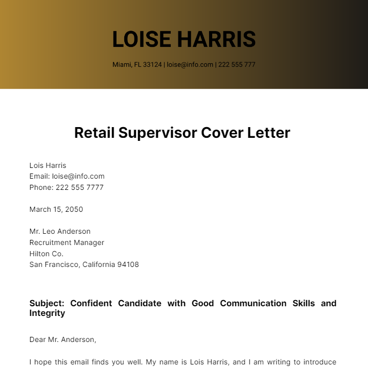Retail Supervisor Cover Letter  Template