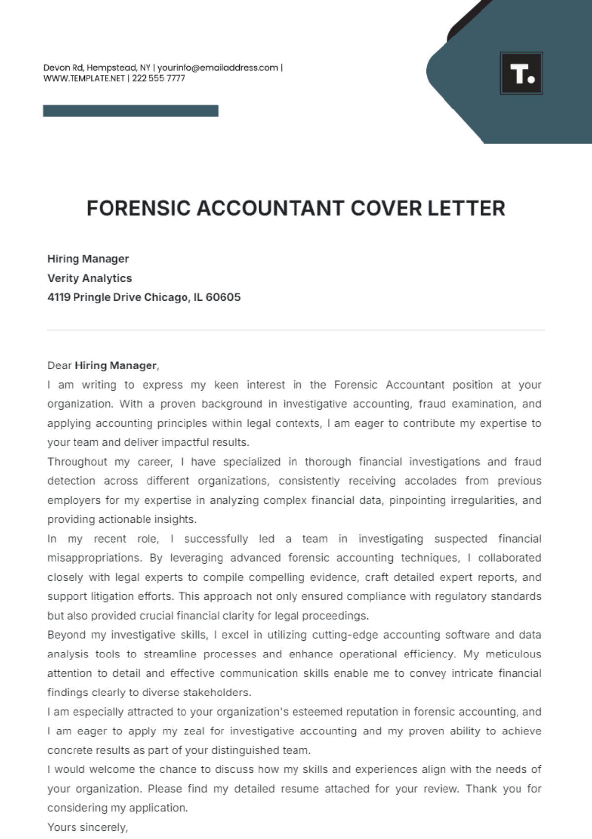 Forensic Accountant Cover Letter Template - Edit Online & Download