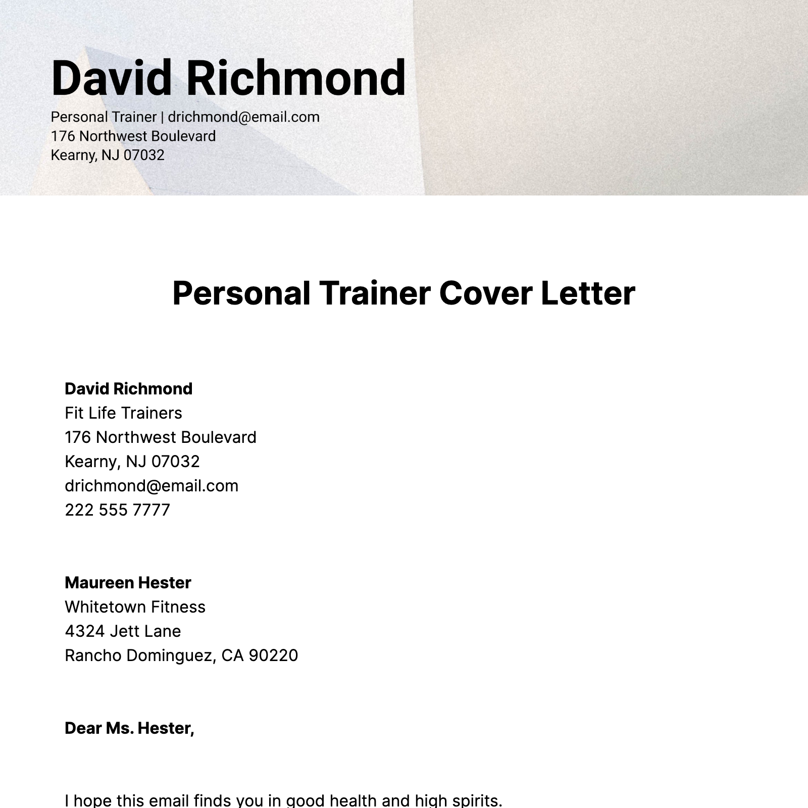 Personal Trainer Cover Letter  Template