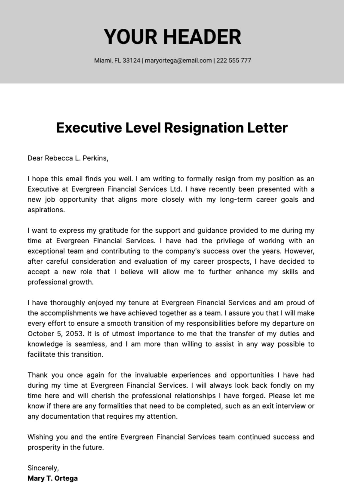 Free Executive Level Resignation Letter  Template