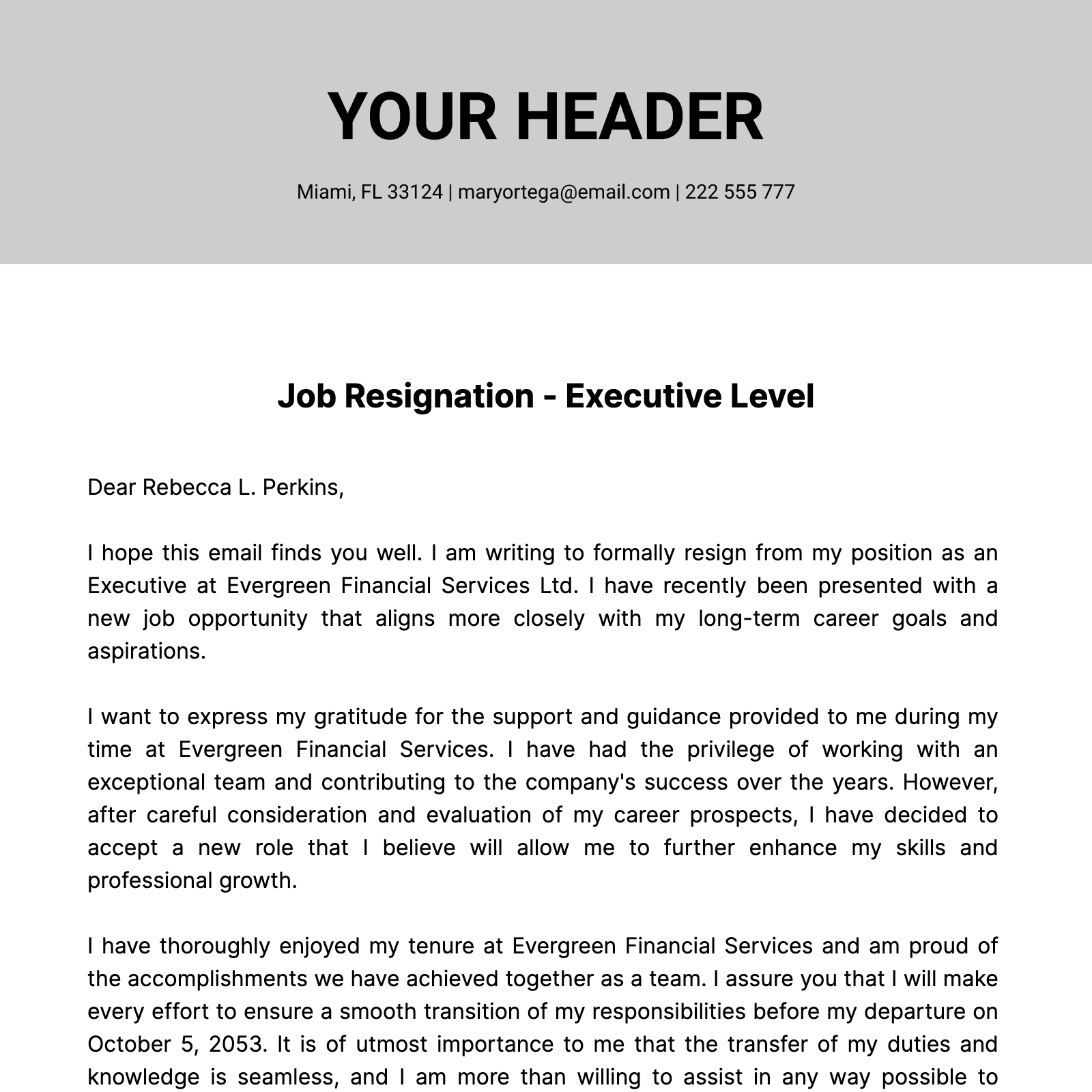 Executive Level Resignation Letter  Template