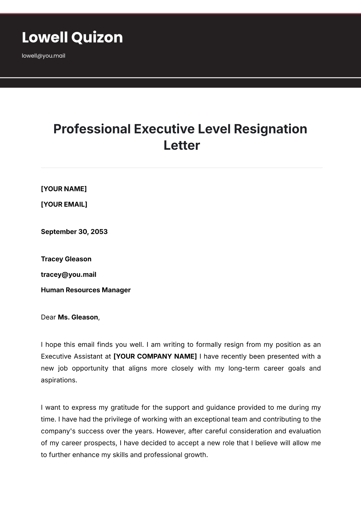 Professional Executive Level Resignation Letter Template - Edit Online & Download