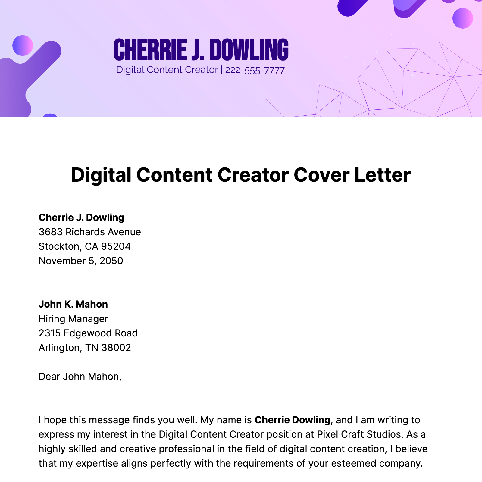 Digital Content Creator Cover Letter  Template