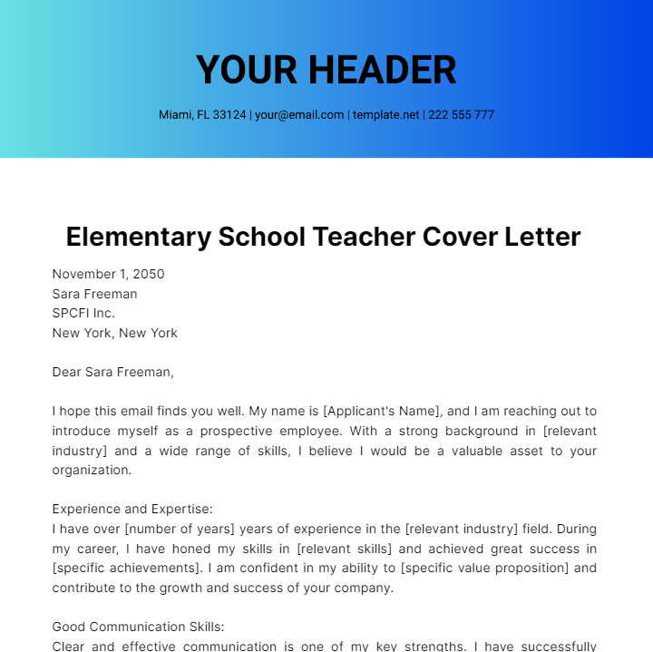 Elementary School Teacher Cover Letter  Template