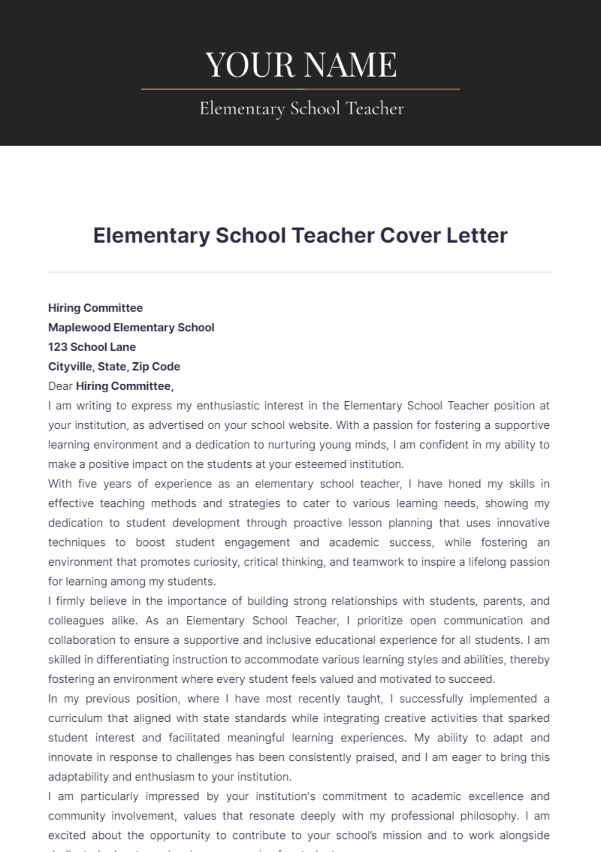 Elementary School Teacher Cover Letter - Edit Online & Download