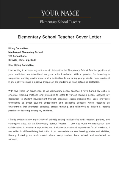 Free Elementary School Teacher Cover Letter to Edit Online