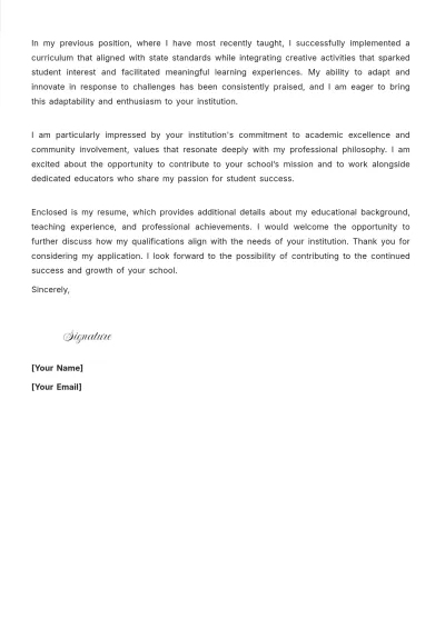 Free Elementary School Teacher Cover Letter to Edit Online