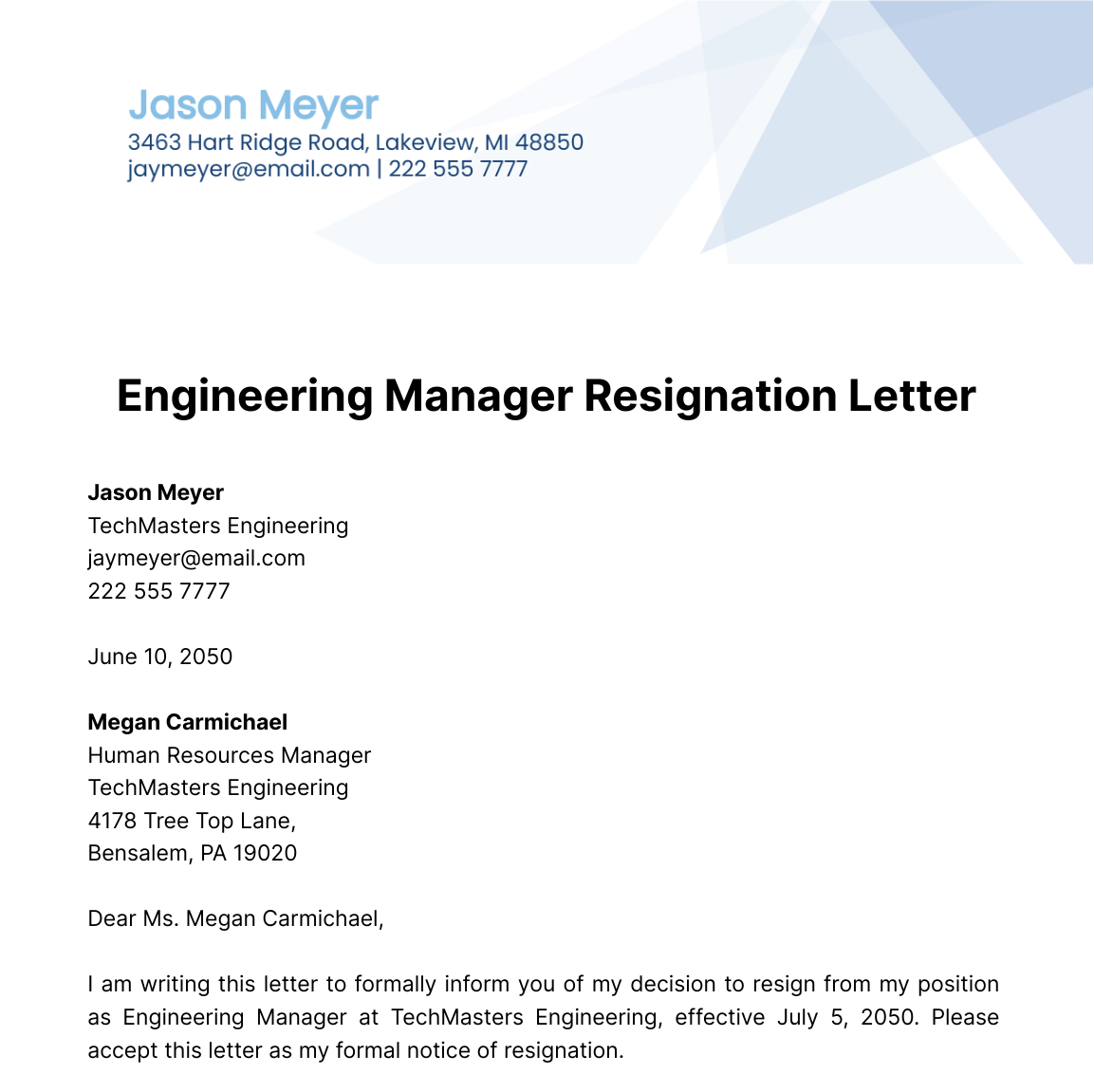 Engineering Manager Resignation Letter  Template