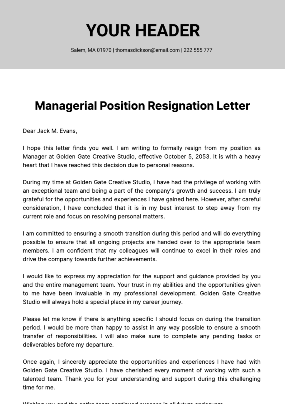 Free Managerial Position Resignation Letter  Template