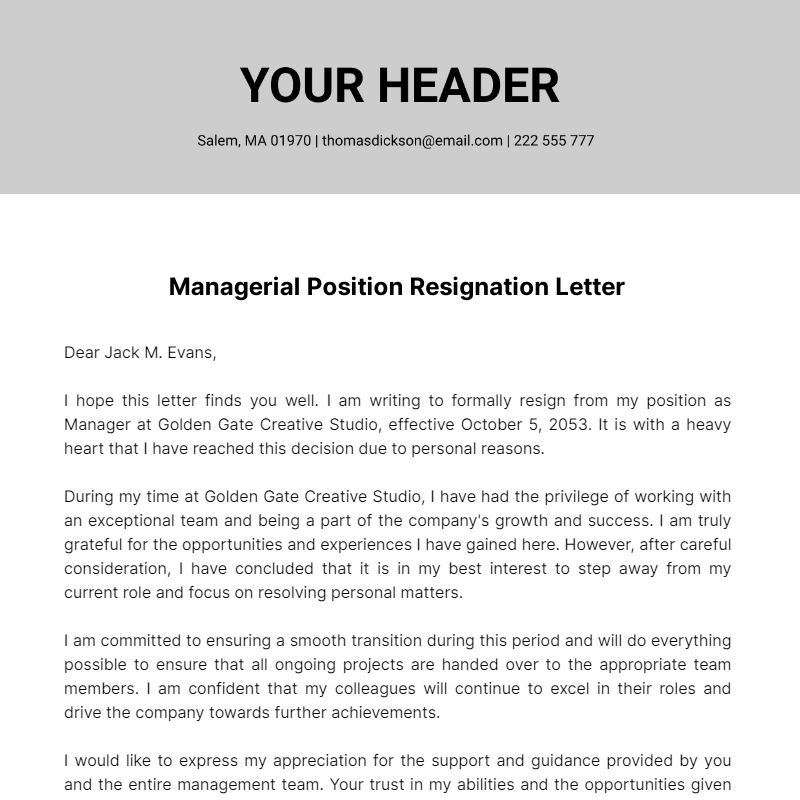 Free Managerial Position Resignation Letter 