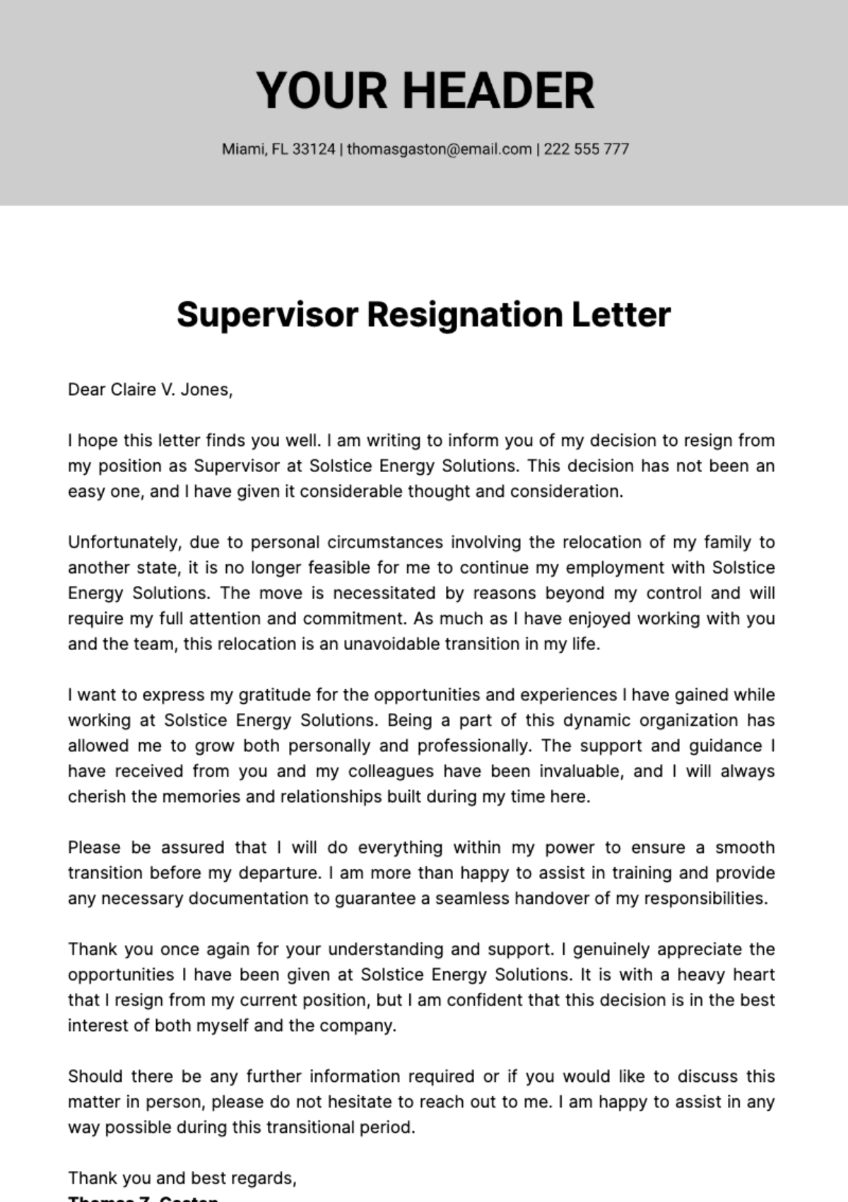 Supervisor Resignation Letter  Template