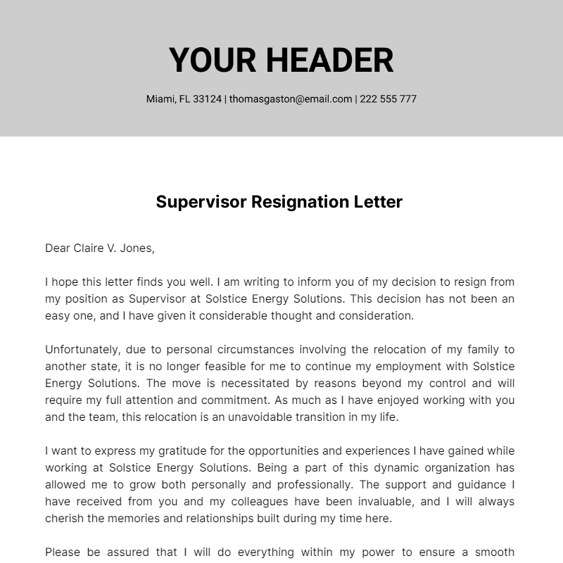 Free Supervisor Resignation Letter 