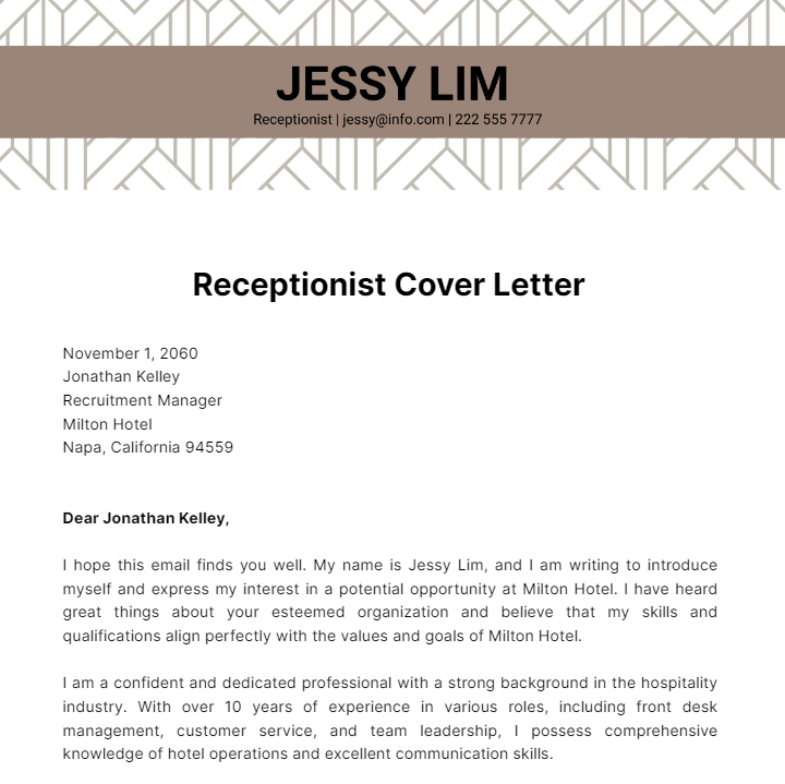Receptionist Cover Letter  Template