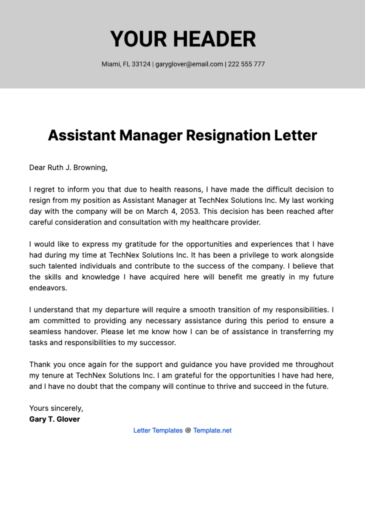 Assistant Manager Resignation Letter  Template