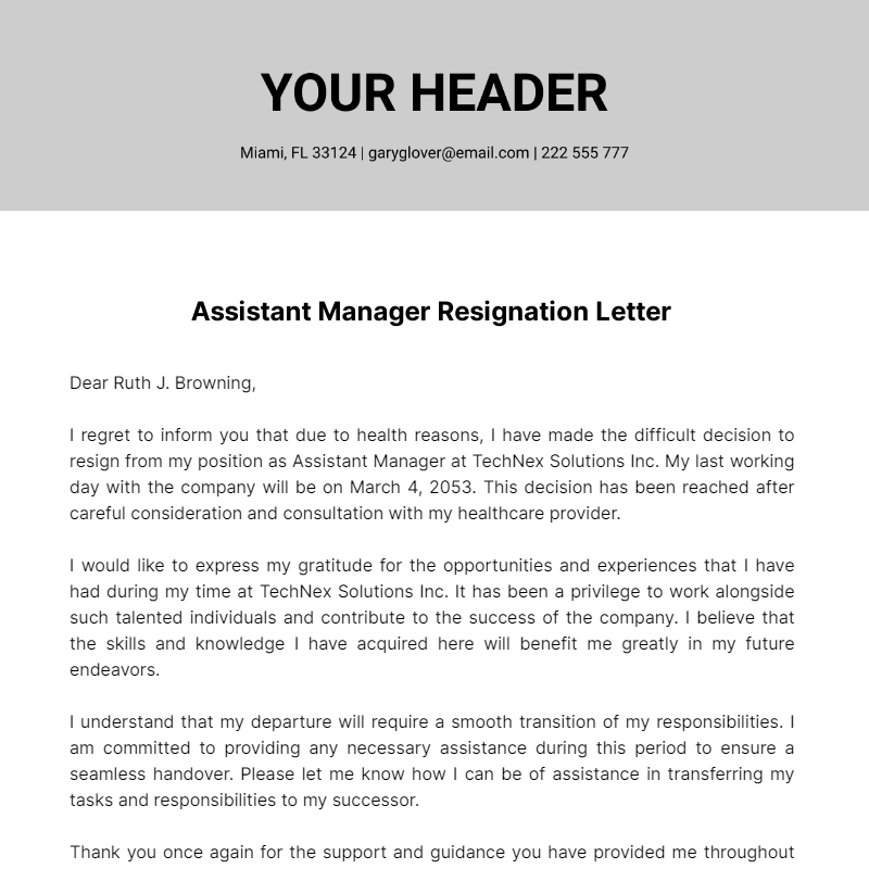 Assistant Manager Resignation Letter  Template