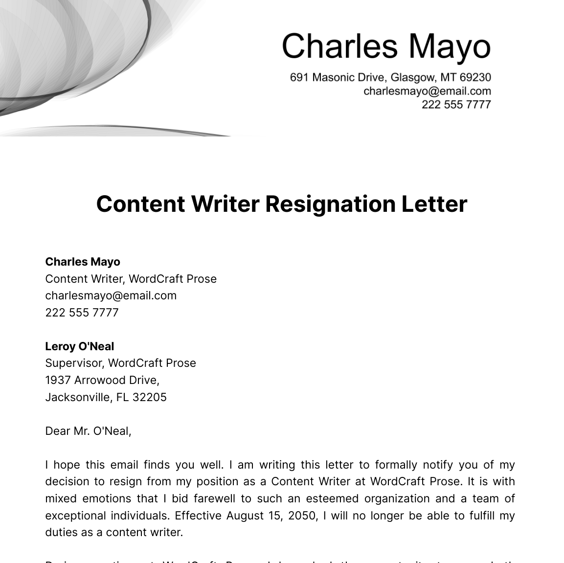 Free Content Writer Resignation Letter  Template