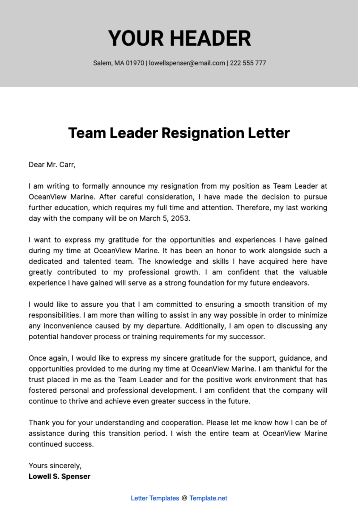 Free Team Leader Resignation Letter  Template