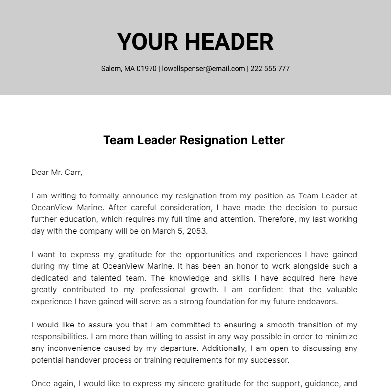 Free Team Leader Resignation Letter 