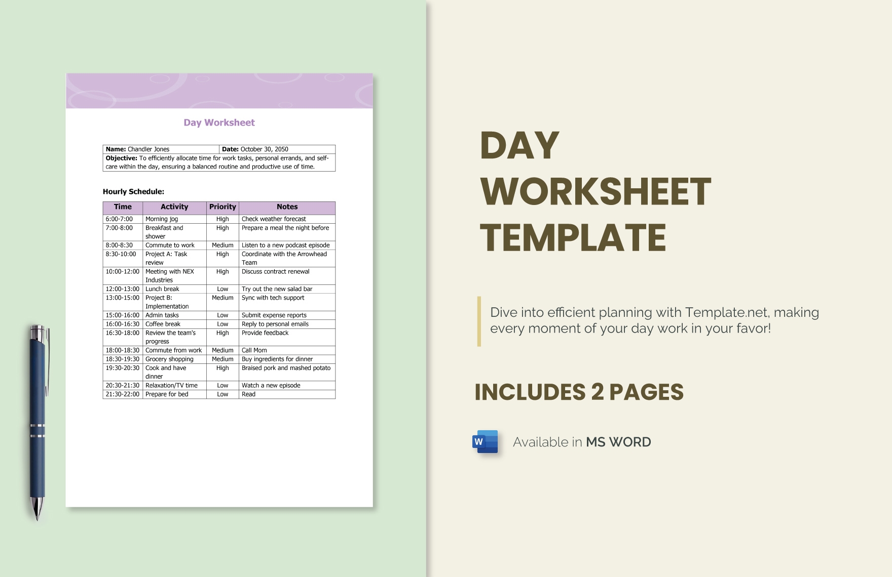 Free Day Worksheet Template in Word