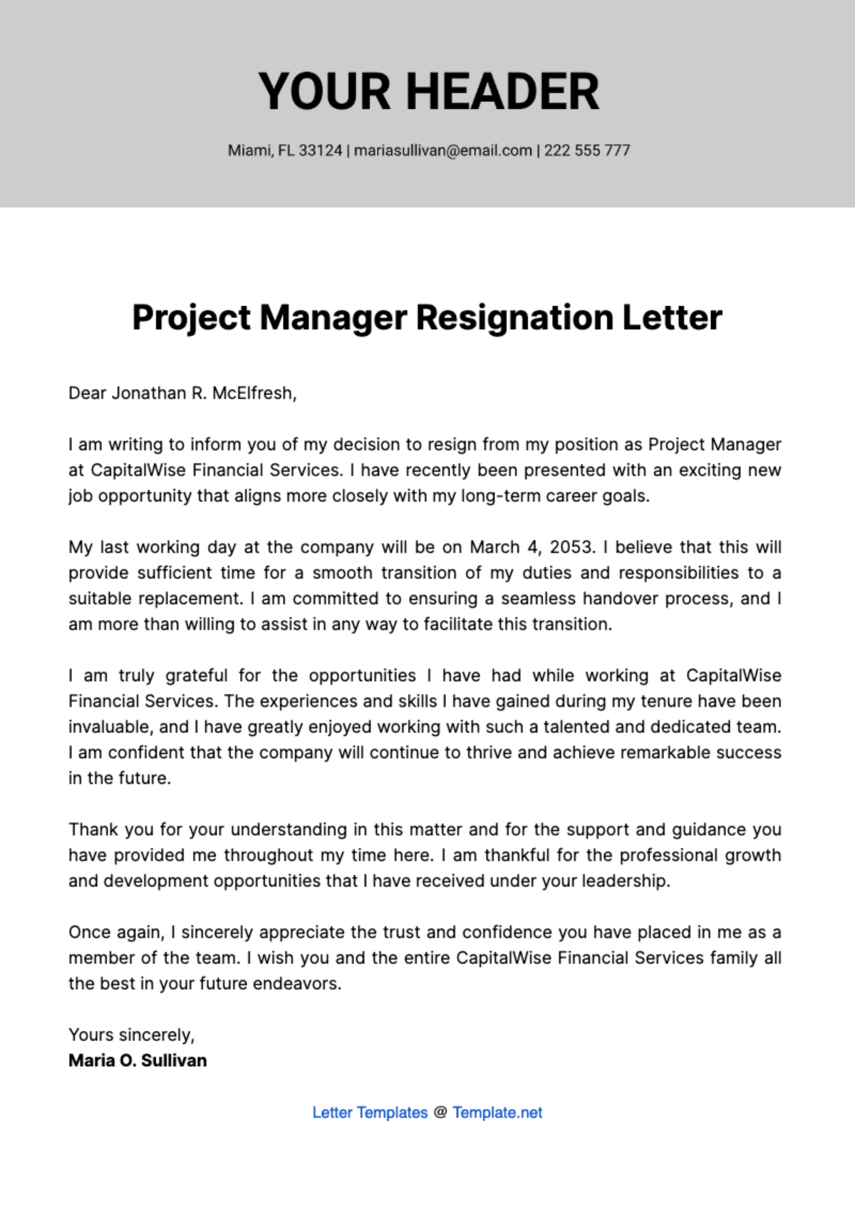Project Manager Resignation Letter  Template