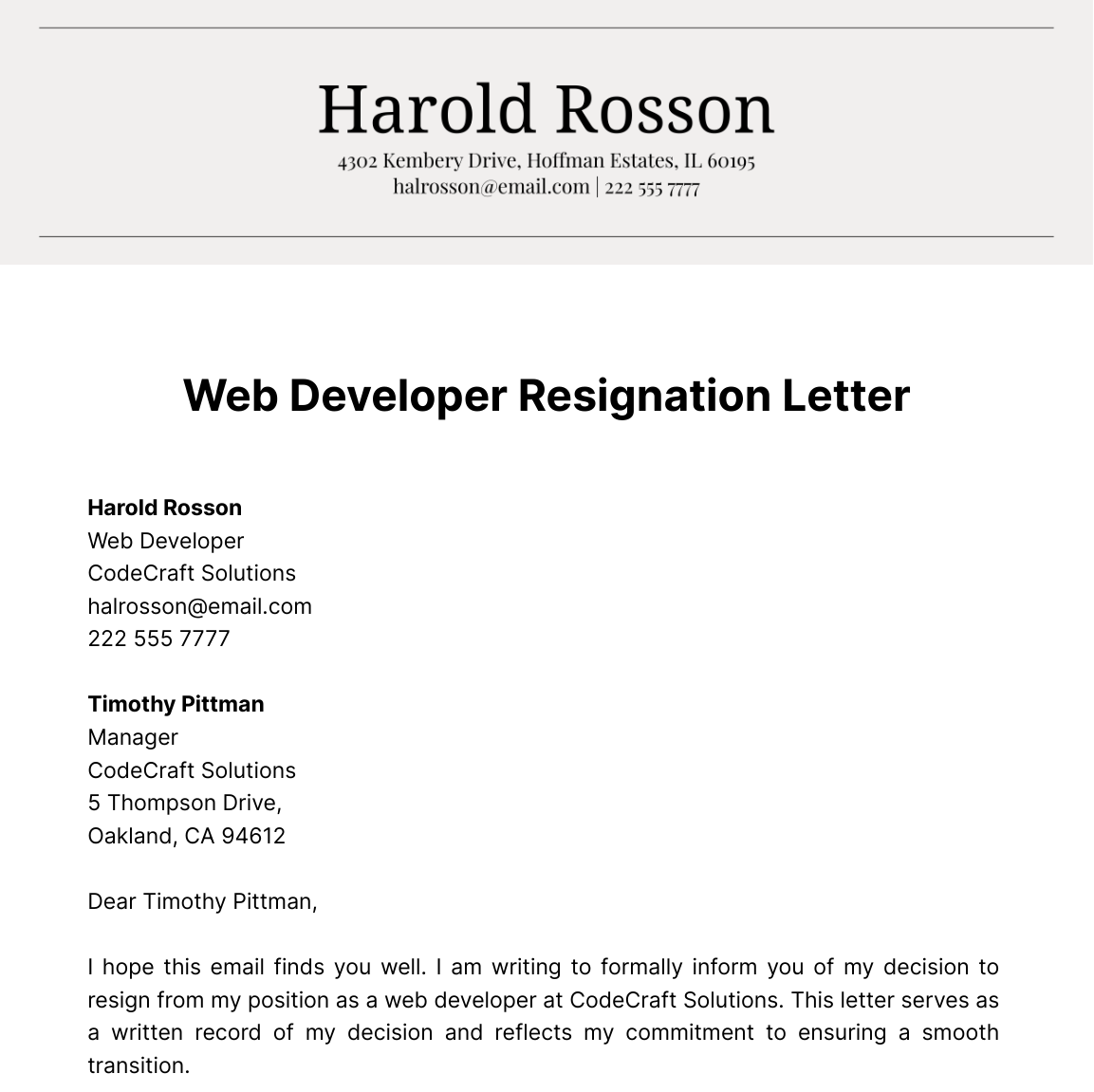 Web Developer Resignation Letter  Template