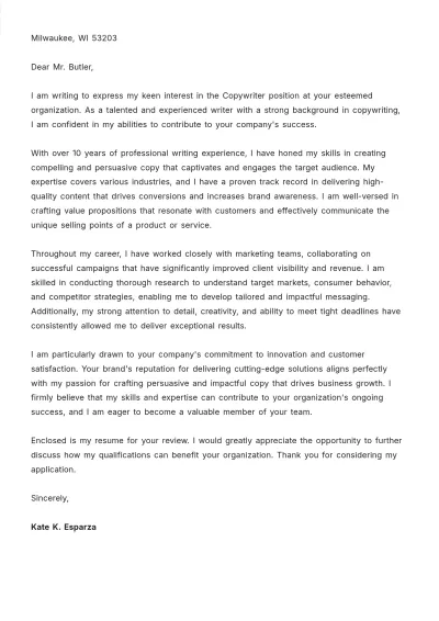 Free Copywriter Cover Letter  Template to Edit Online