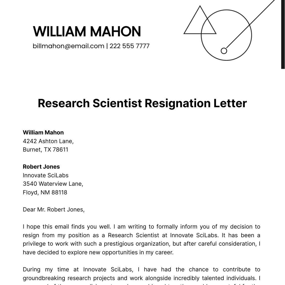 Research Scientist Resignation Letter  Template