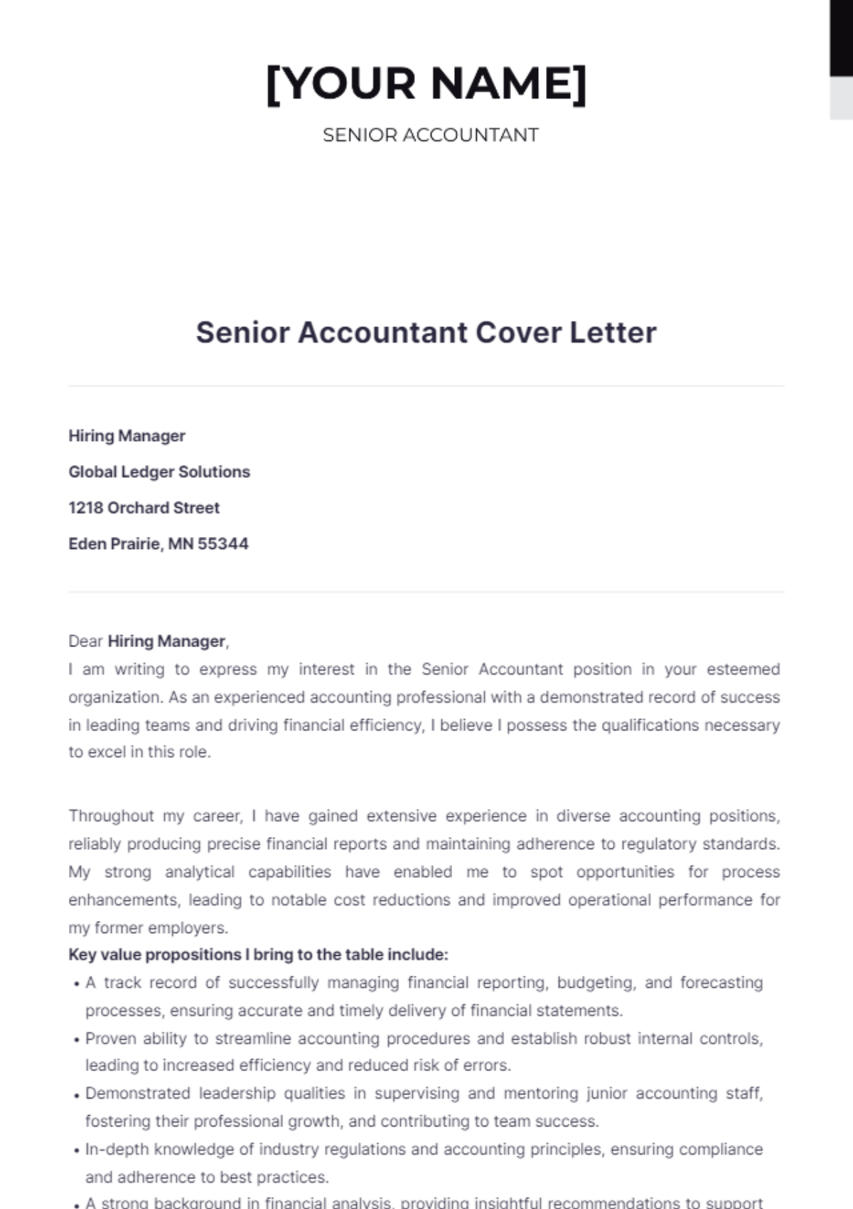 Senior Accountant Cover Letter - Edit Online & Download