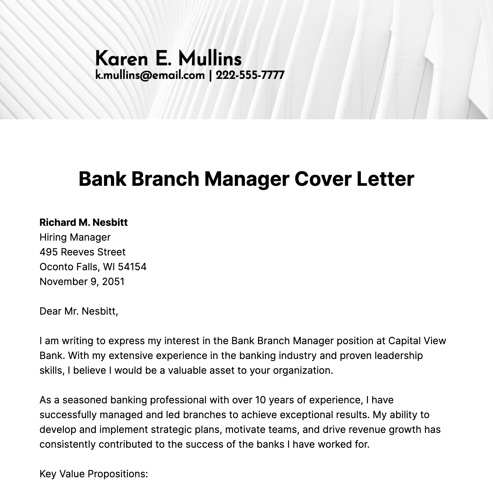 Bank Branch Manager Cover Letter  Template