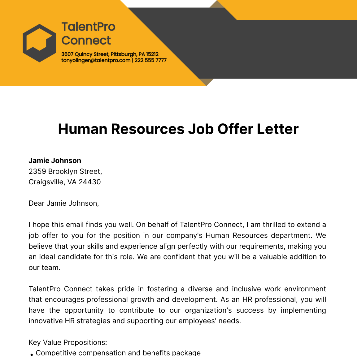 Human Resources Job Offer Letter  Template