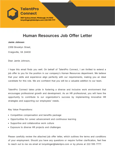 Free Human Resources Job Offer Letter  Template to Edit Online