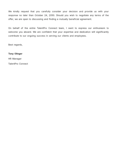 Free Human Resources Job Offer Letter  Template to Edit Online