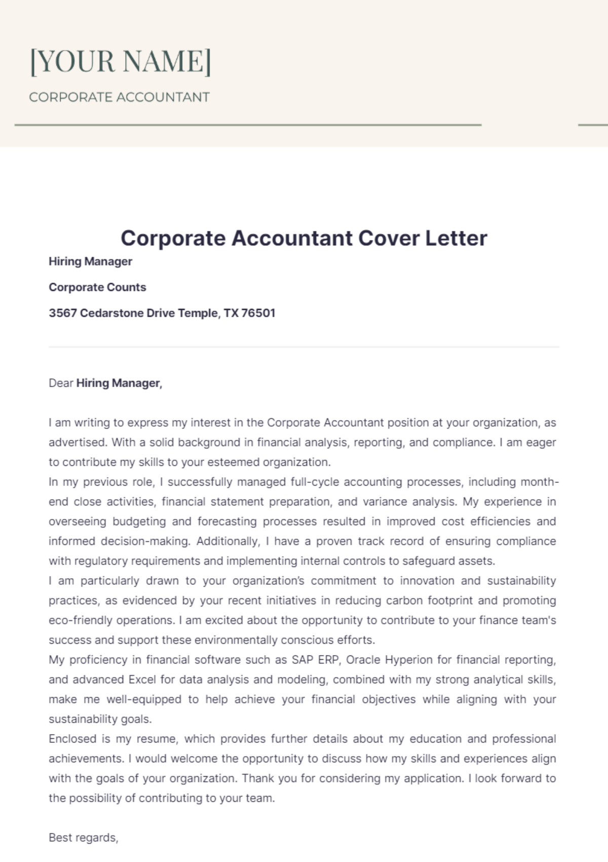 Corporate Accountant Cover Letter