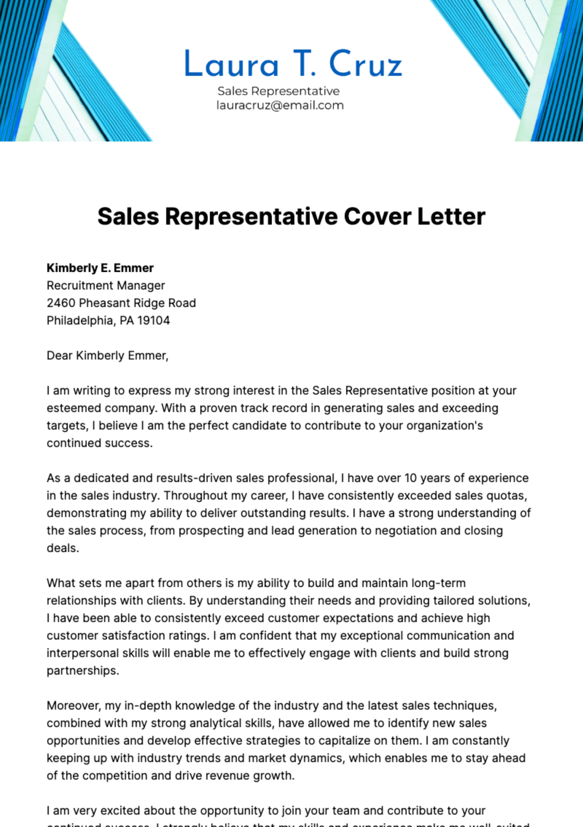 Free Sales Representative Cover Letter  Template